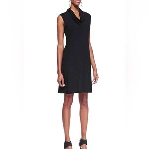 Eileen Fisher Black Draped Neck Stretch Jersey Dress XL Viscose Lycra Made USA